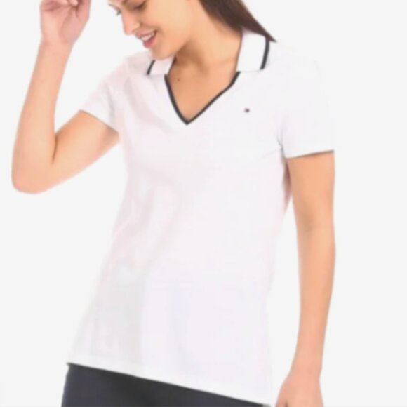 Tommy Hilfiger White Polo Shirt V-Neck Collared Short Sleeve Women XS 284T - Picture 1 of 8